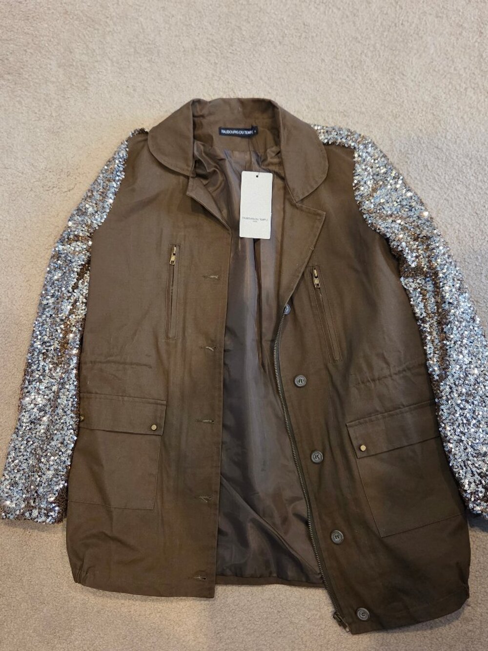 Faubourg Du Temple NWT Green Khaki Military Jacket Gold Sequin Sleeves M
